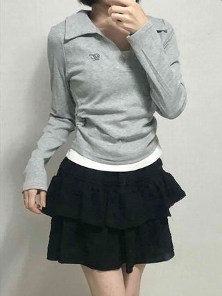 Shirt Collar Side Shirring Long Sleeve T-shirt