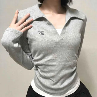 Shirt Collar Side Shirring Long Sleeve T-shirt