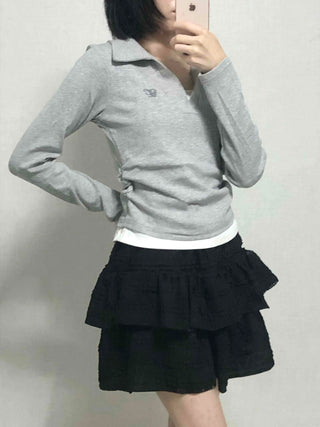 Shirt Collar Side Shirring Long Sleeve T-shirt