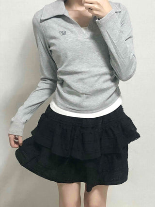 Shirt Collar Side Shirring Long Sleeve T-shirt
