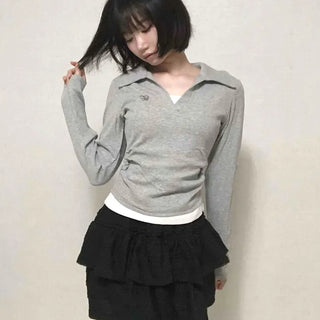Shirt Collar Side Shirring Long Sleeve T-shirt