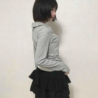 Shirt Collar Side Shirring Long Sleeve T-shirt