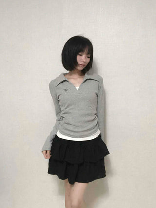 Shirt Collar Side Shirring Long Sleeve T-shirt