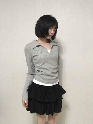 Shirt Collar Side Shirring Long Sleeve T-shirt