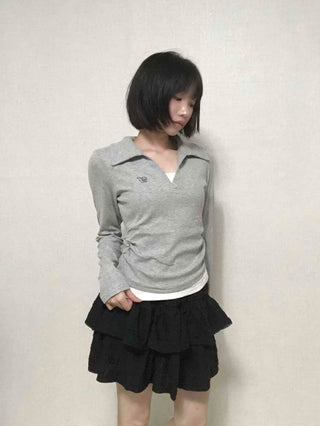 Shirt Collar Side Shirring Long Sleeve T-shirt