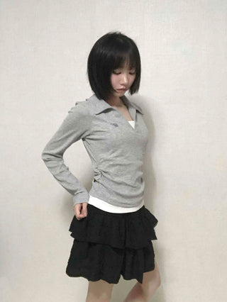 Shirt Collar Side Shirring Long Sleeve T-shirt