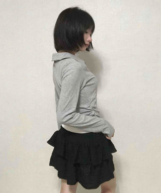 Shirt Collar Side Shirring Long Sleeve T-shirt