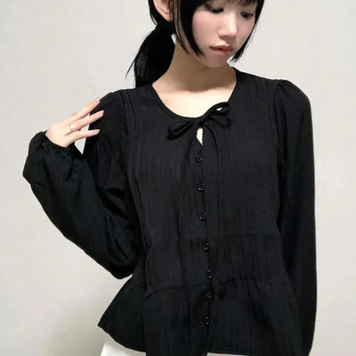 Casual Ribbon Plain Round Neck Blouse