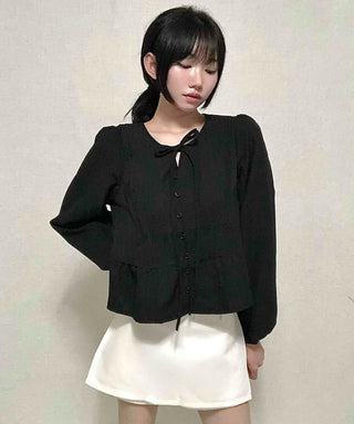 Casual Ribbon Plain Round Neck Blouse
