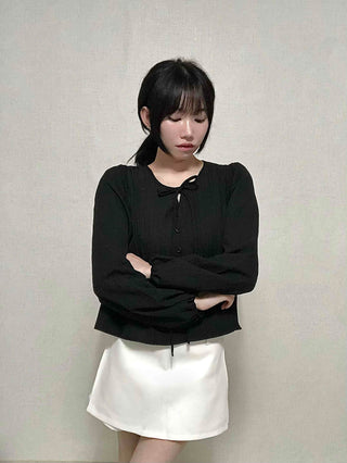 Casual Ribbon Plain Round Neck Blouse