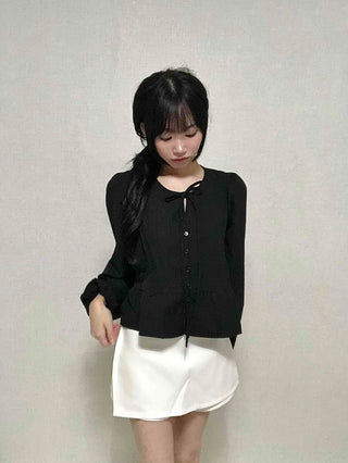Casual Ribbon Plain Round Neck Blouse