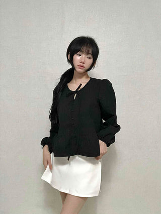 Casual Ribbon Plain Round Neck Blouse