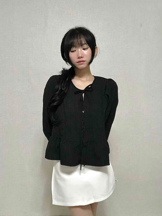 Casual Ribbon Plain Round Neck Blouse