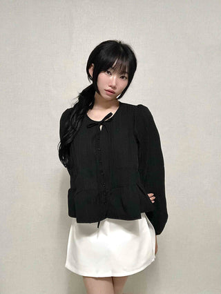 Casual Ribbon Plain Round Neck Blouse