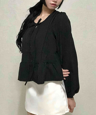 Casual Ribbon Plain Round Neck Blouse