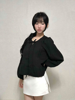 Casual Ribbon Plain Round Neck Blouse