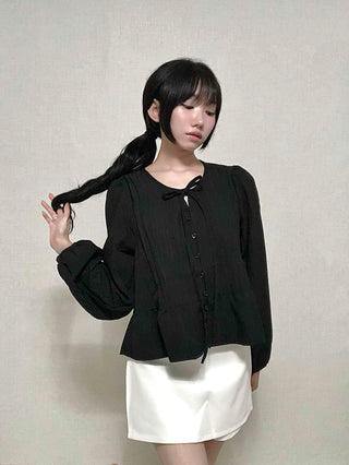 Casual Ribbon Plain Round Neck Blouse