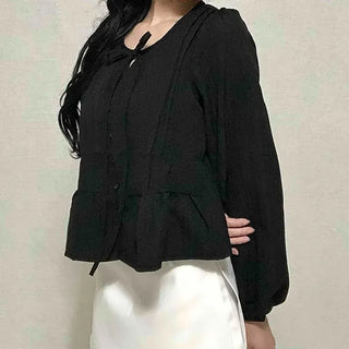 Casual Ribbon Plain Round Neck Blouse