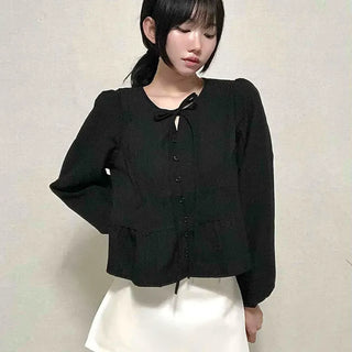 Casual Ribbon Plain Round Neck Blouse