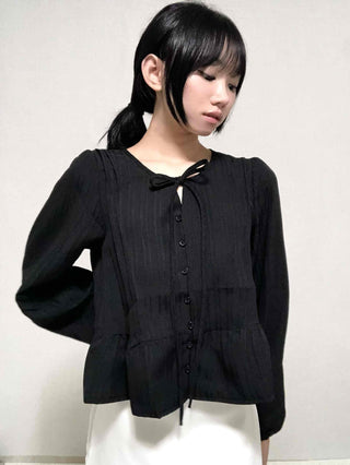 Casual Ribbon Plain Round Neck Blouse
