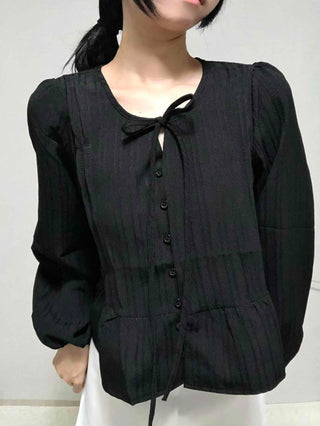 Casual Ribbon Plain Round Neck Blouse