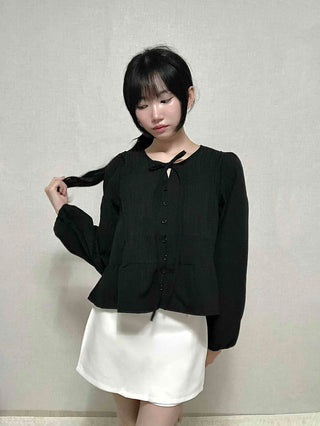 Casual Ribbon Plain Round Neck Blouse