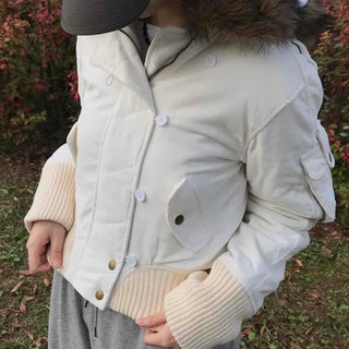 Fur-trimmed knit sleeve short padded jumper
