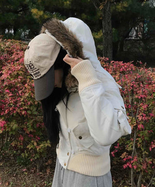 Fur-trimmed knit sleeve short padded jumper