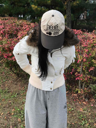 Fur-trimmed knit sleeve short padded jumper