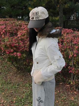 Fur-trimmed knit sleeve short padded jumper