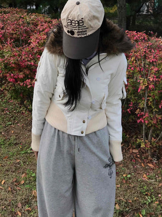 Fur-trimmed knit sleeve short padded jumper