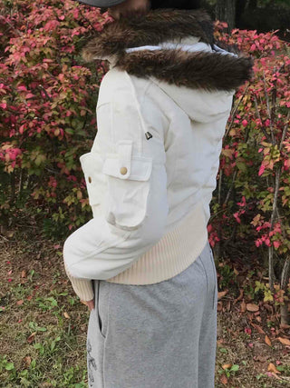 Fur-trimmed knit sleeve short padded jumper