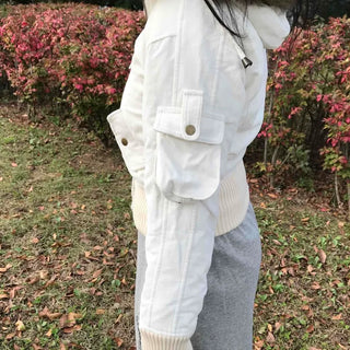 Fur-trimmed knit sleeve short padded jumper