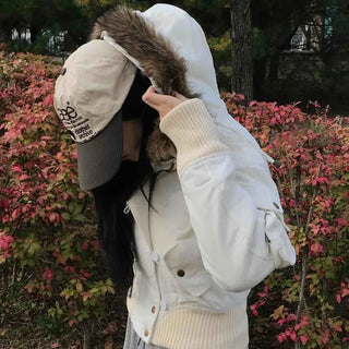 Fur-trimmed knit sleeve short padded jumper