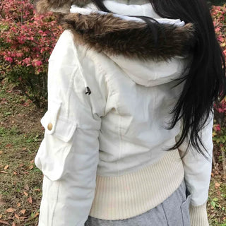 Fur-trimmed knit sleeve short padded jumper