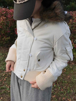 Fur-trimmed knit sleeve short padded jumper