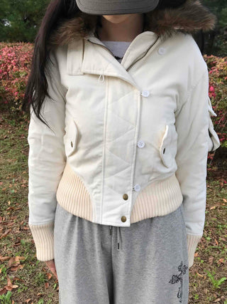 Fur-trimmed knit sleeve short padded jumper