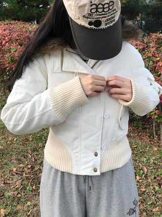 Fur-trimmed knit sleeve short padded jumper