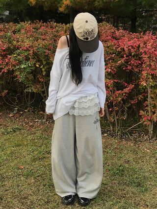 Lace Trim Wide Sweatpants