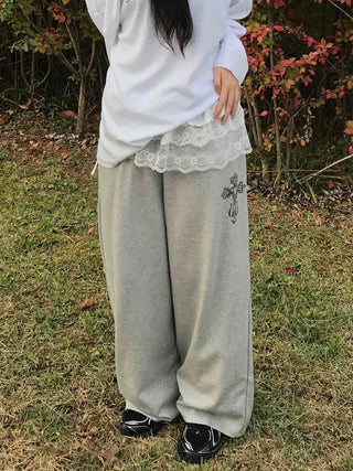 Lace Trim Wide Sweatpants