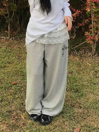 Lace Trim Wide Sweatpants