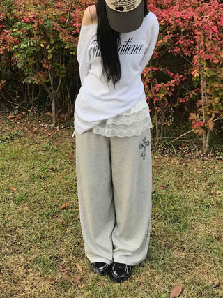 Lace Trim Wide Sweatpants