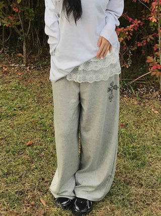 Lace Trim Wide Sweatpants