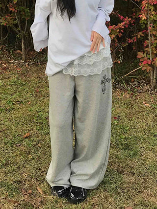 Lace Trim Wide Sweatpants
