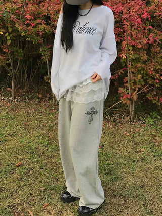 Lace Trim Wide Sweatpants