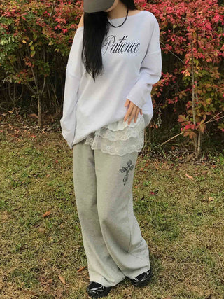 Lace Trim Wide Sweatpants