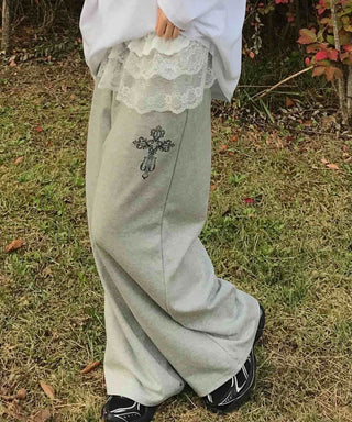 Lace Trim Wide Sweatpants