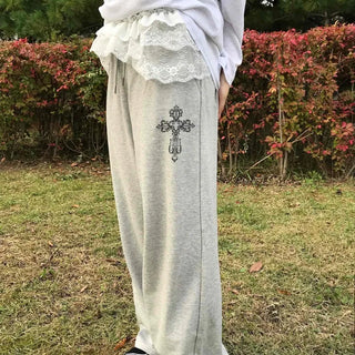 Lace Trim Wide Sweatpants
