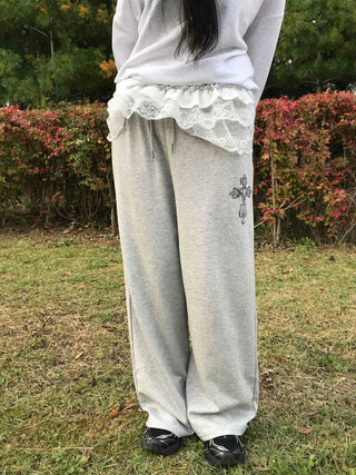 Lace Trim Wide Sweatpants