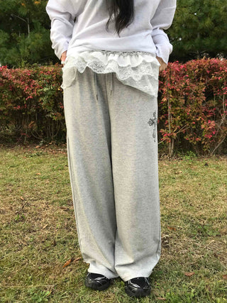 Lace Trim Wide Sweatpants